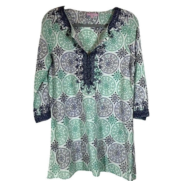 Calypso St Barth Embroidered Tunic Top Blouse 3/4 Sleeve Geometric Print Navy S - Picture 1 of 7